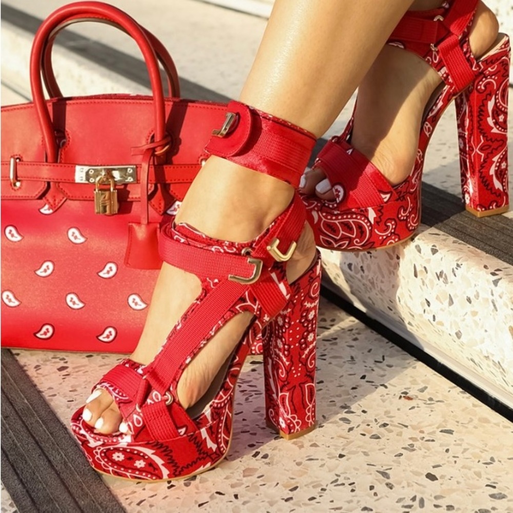 Red bandanna print platform heels